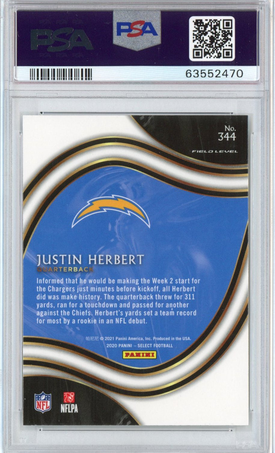 Tarjeta de fútbol RC Justin Herbert n.° 344 de novato certificado Panini Select 2020, clasificada PSA 10 Gem Mint