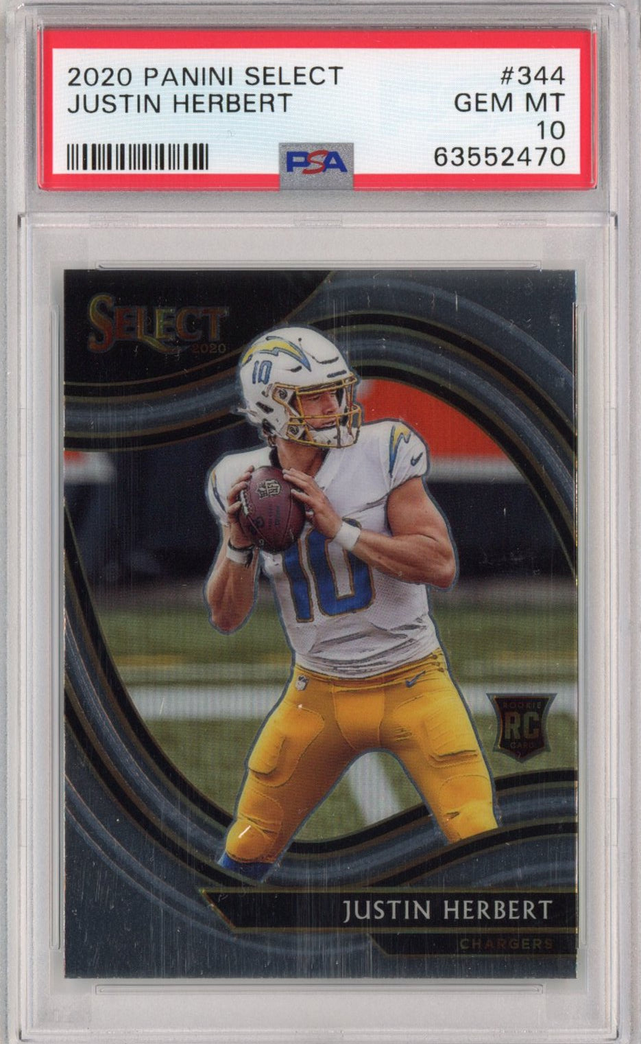 Tarjeta de fútbol RC Justin Herbert n.° 344 de novato certificado Panini Select 2020, clasificada PSA 10 Gem Mint