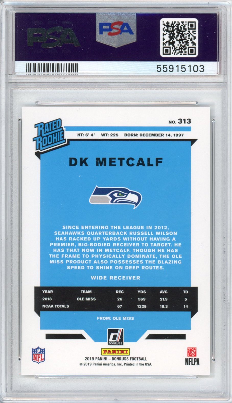 Tarjeta de fútbol Panini Donruss DK Metcalf n.° 313 Rookie RC, clasificada en 2019, PSA 10 Gem Mint