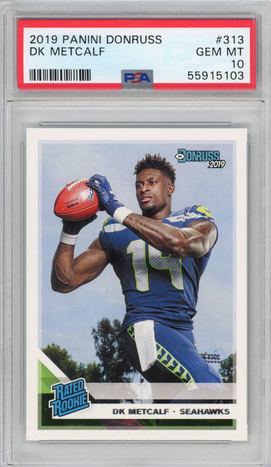 Tarjeta de fútbol Panini Donruss DK Metcalf n.° 313 Rookie RC, clasificada en 2019, PSA 10 Gem Mint