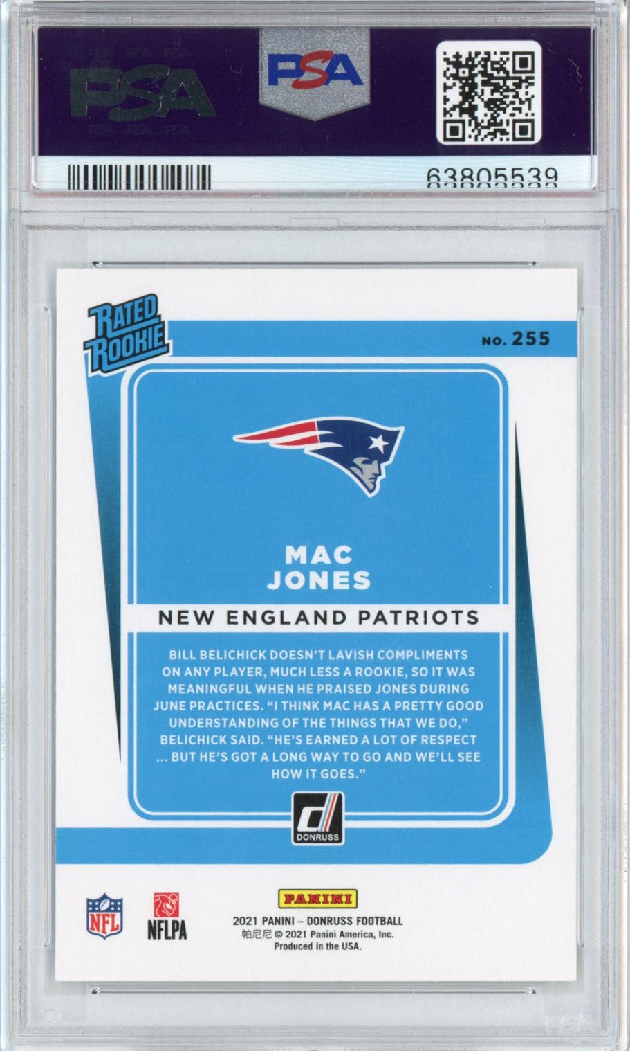Tarjeta de fútbol RC de novato Panini Donruss Mac Jones n.° 255, clasificada en 2021, PSA 10 Gem Mint