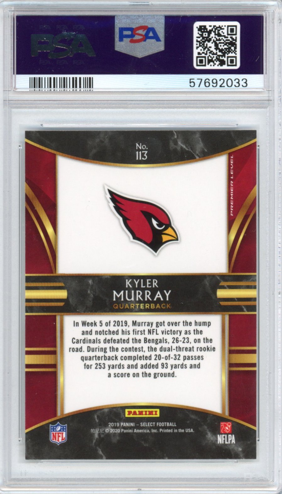 Tarjeta de fútbol Kyler Murray #113 Rookie RC de Panini Select, clasificada en 2019, PSA 10 Gem Mint