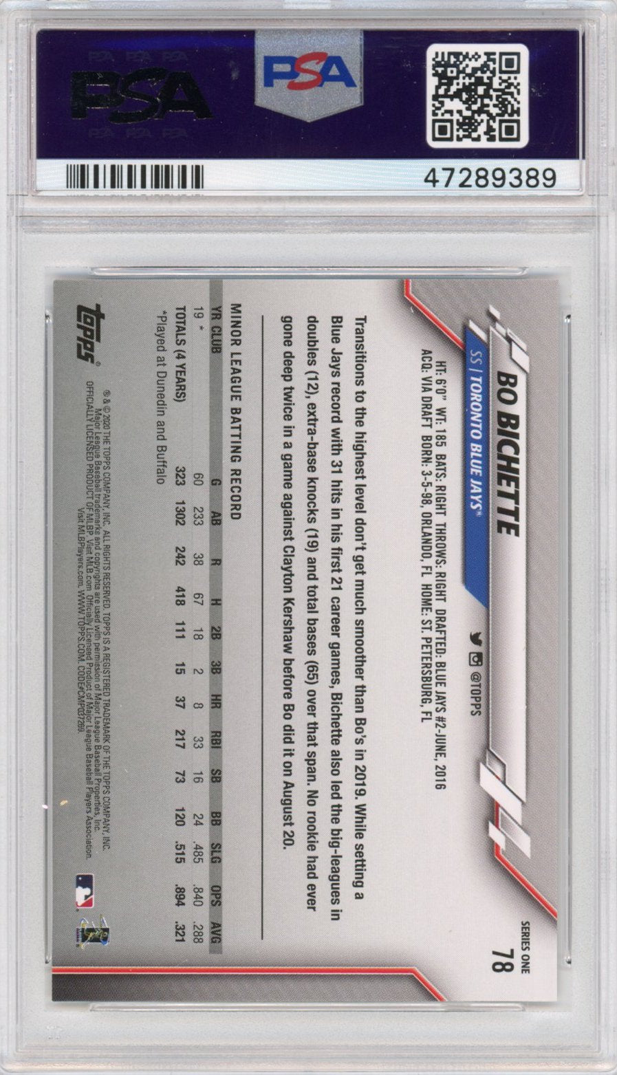 Tarjeta de béisbol Topps Bo Bichette #78 Rookie RC 2020 calificada PSA 10 Gem Mint