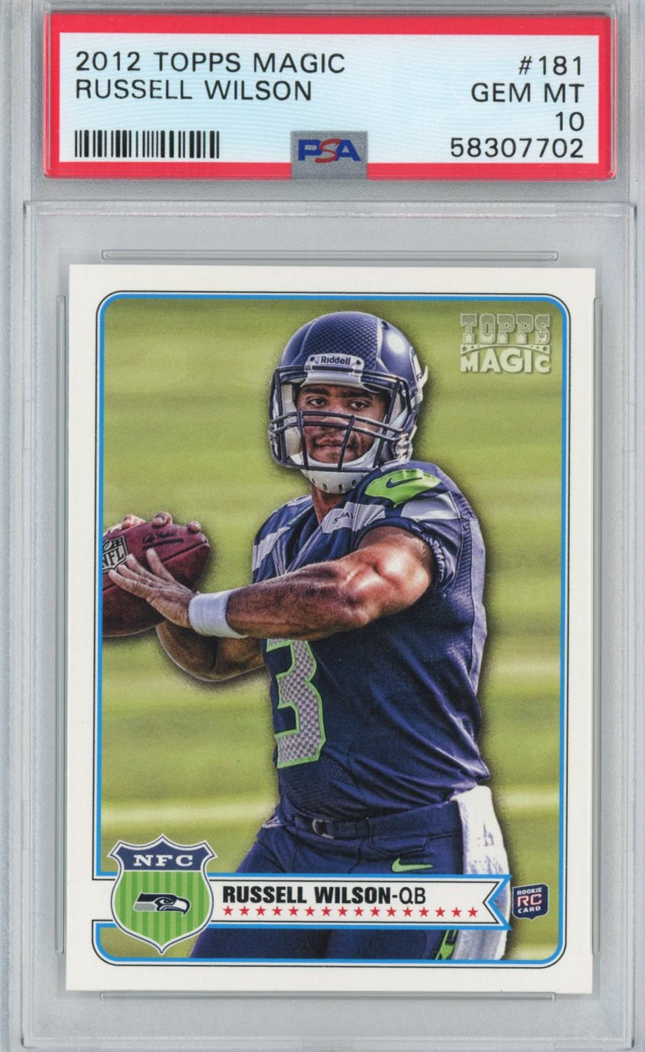 Tarjeta de fútbol RC Russell Wilson n.° 181 de Topps Magic, clasificada en 2012, PSA 10 Gem Mint