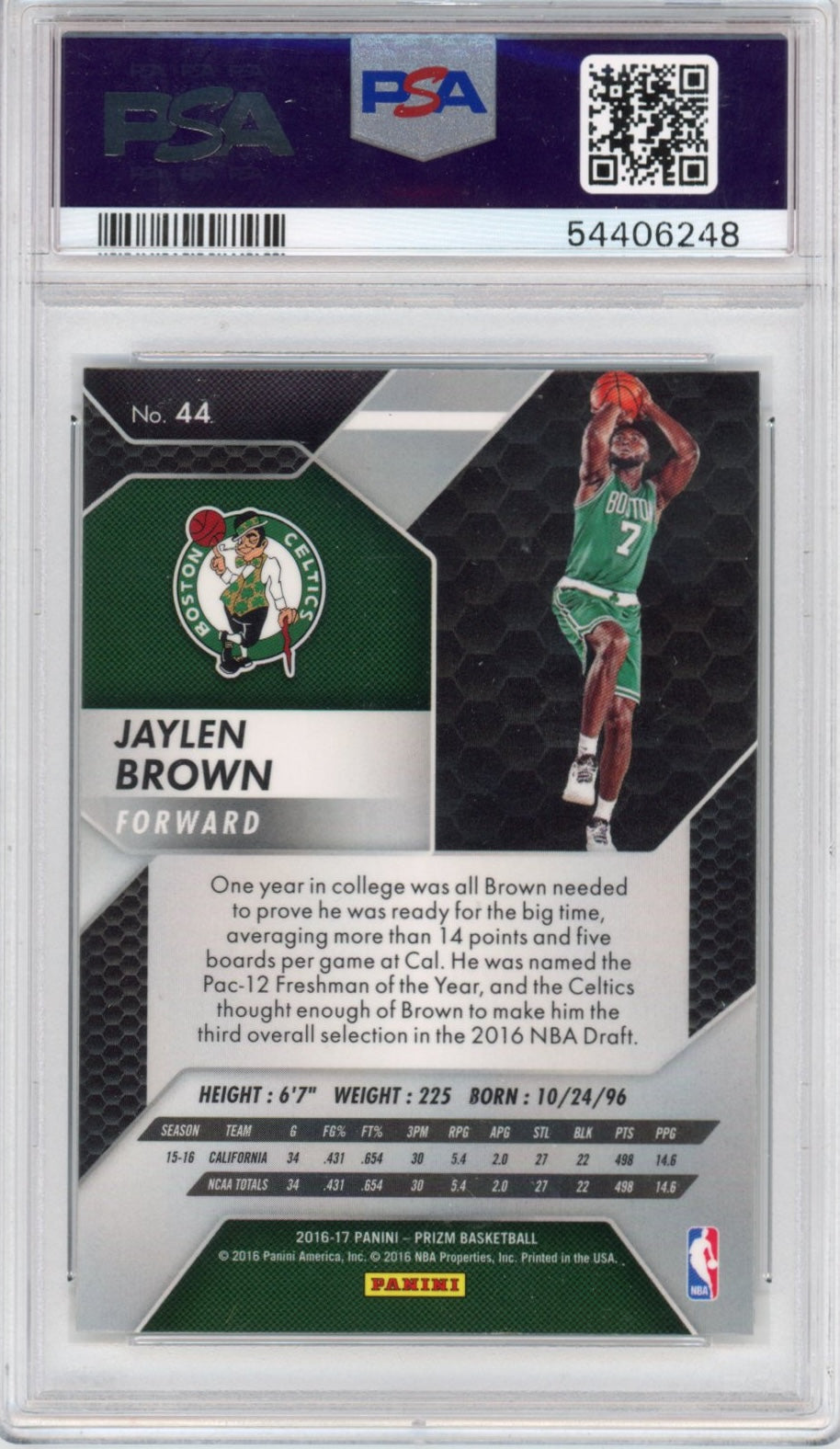 Tarjeta de baloncesto Panini Prizm Jaylen Brown #44 Rookie RC, clasificada 2016-17, PSA 10 Gem Mint