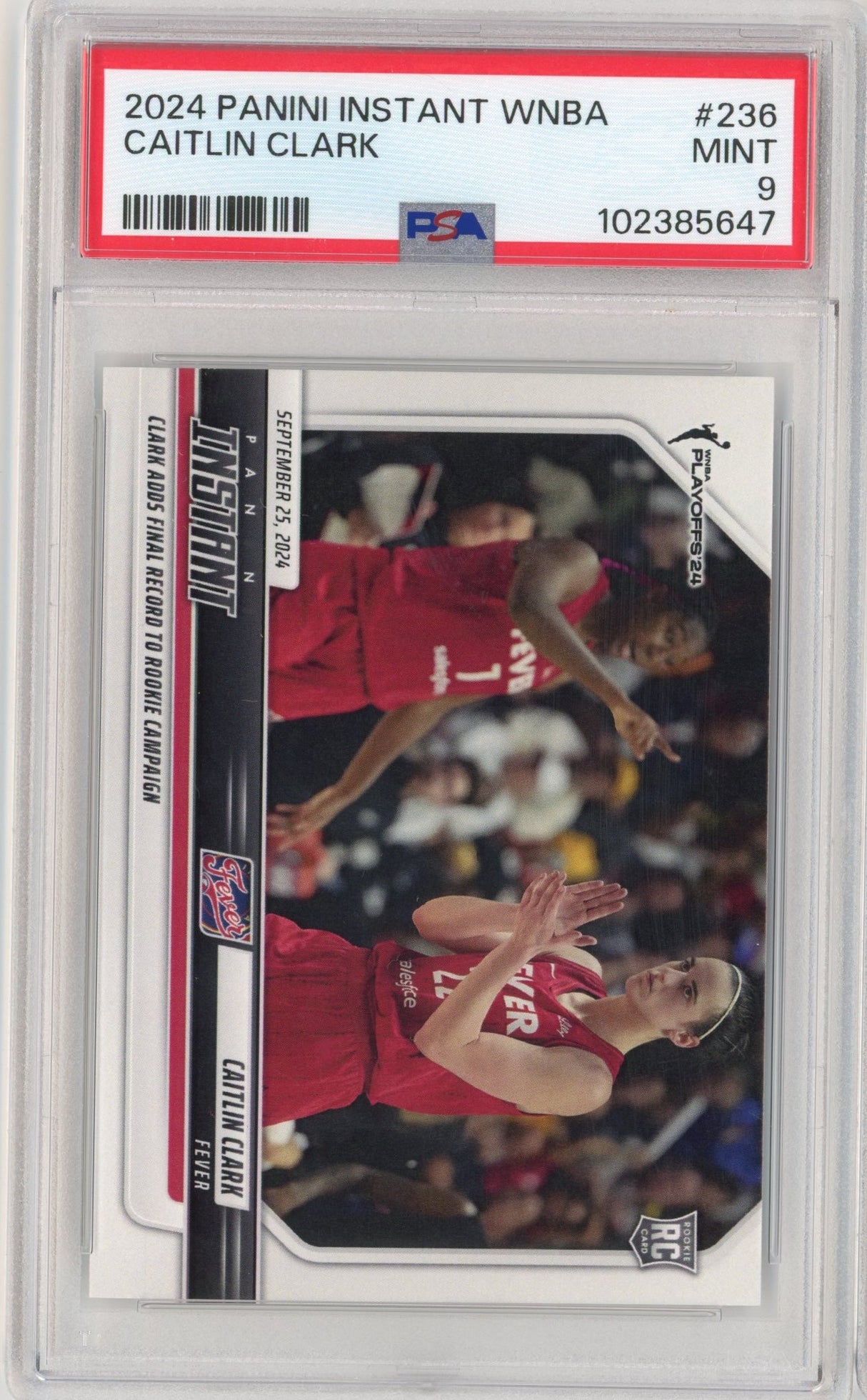 Tarjeta de baloncesto Caitlin Clark #236 Rookie RC de la WNBA Panini Instant 2024, PSA 9 Mint