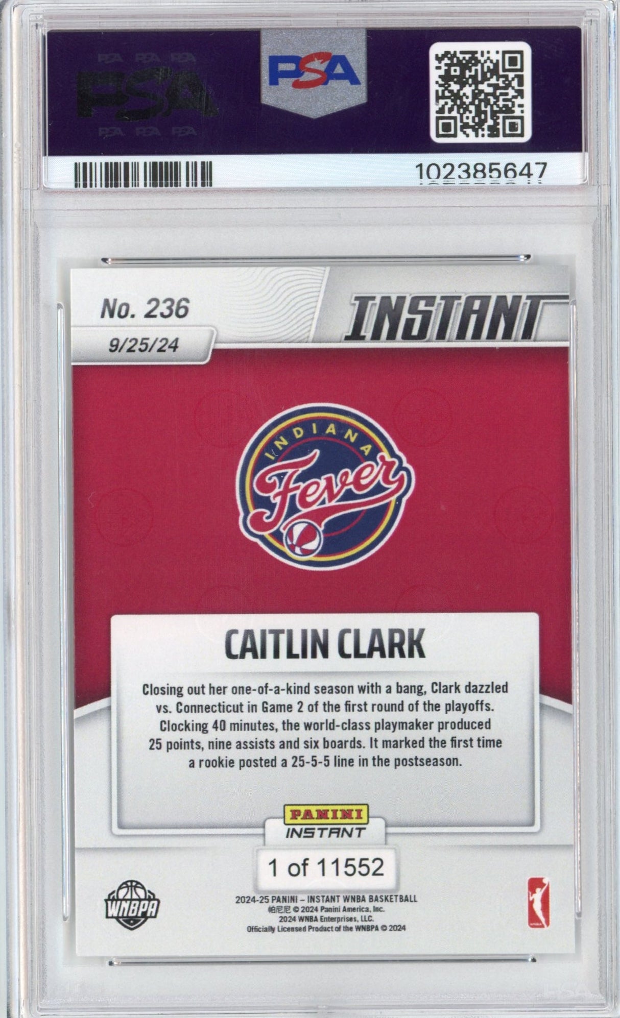Tarjeta de baloncesto Caitlin Clark #236 Rookie RC de la WNBA Panini Instant 2024, PSA 9 Mint