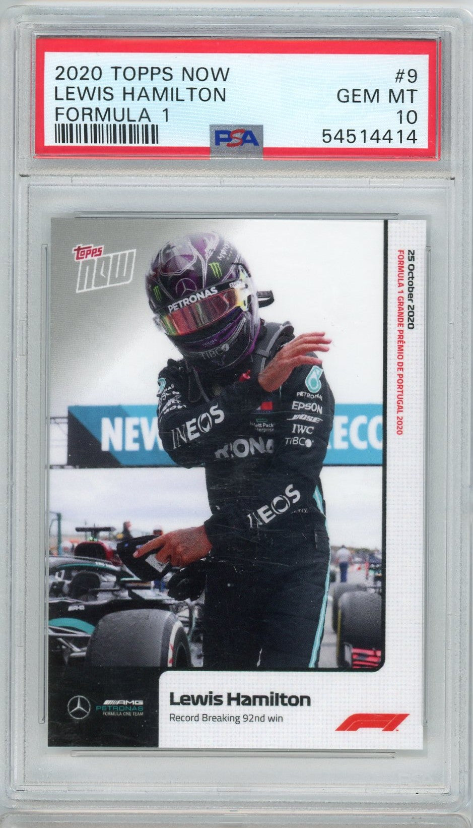 Tarjeta de carreras de F1 Lewis Hamilton #9 de Topps Now F1 2020, calificada, PSA 10 Gem Mint