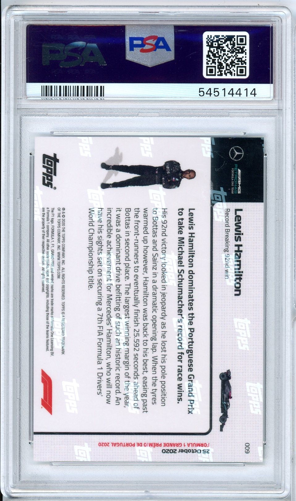 Tarjeta de carreras de F1 Lewis Hamilton #9 de Topps Now F1 2020, calificada, PSA 10 Gem Mint