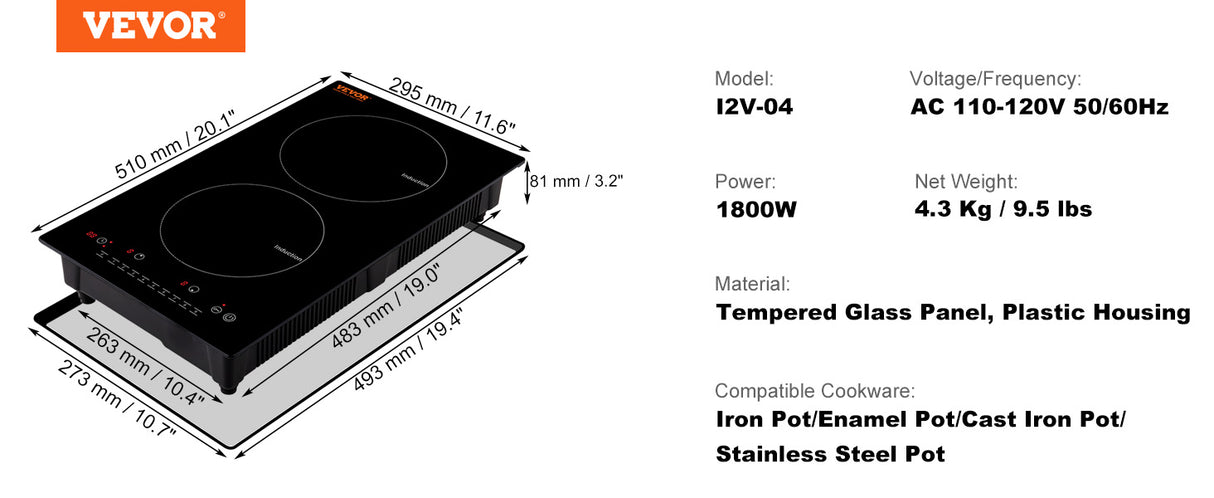 VEVOR Plaque de cuisson à induction électrique 2 feux Plaque de cuisson intégrée Cuisinière à capteur tactile Plaque chauffante magnétique