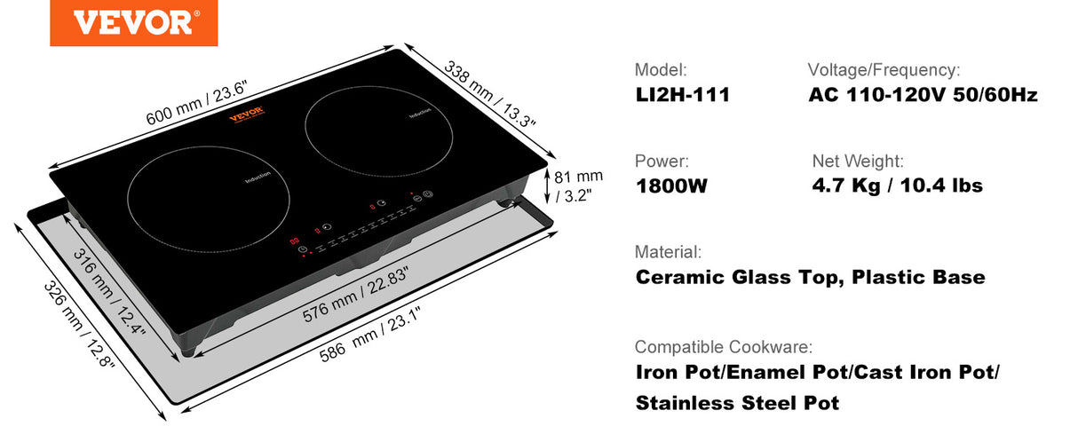 VEVOR Plaque de cuisson à induction électrique 2 feux Plaque de cuisson intégrée Cuisinière à capteur tactile Plaque chauffante magnétique
