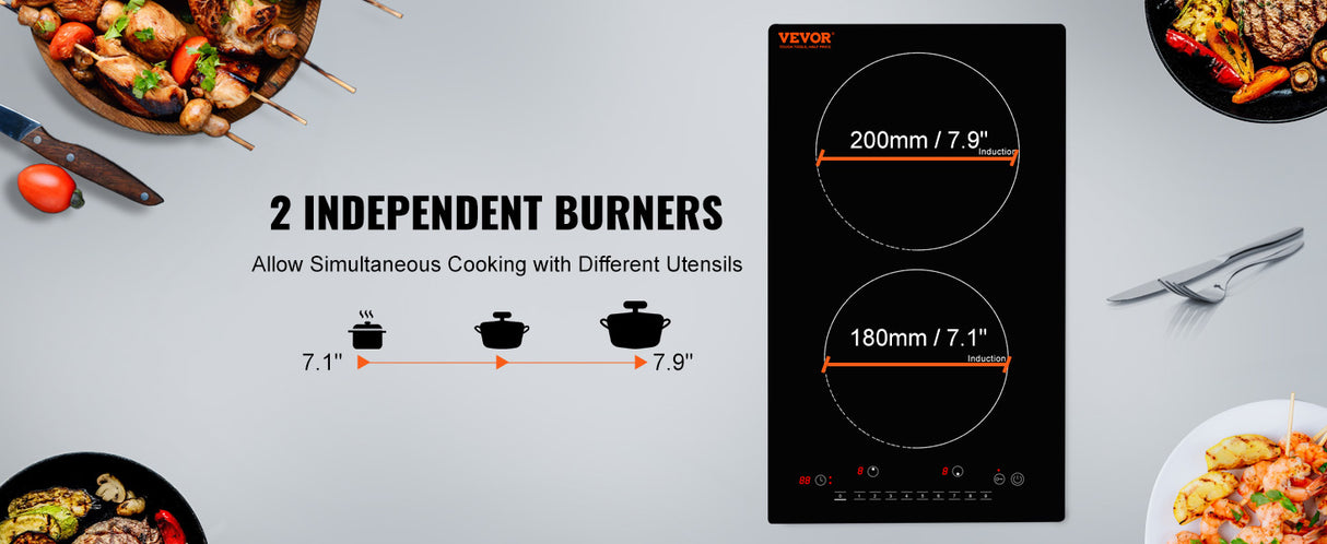 VEVOR Plaque de cuisson à induction électrique 2 feux Plaque de cuisson intégrée Cuisinière à capteur tactile Plaque chauffante magnétique