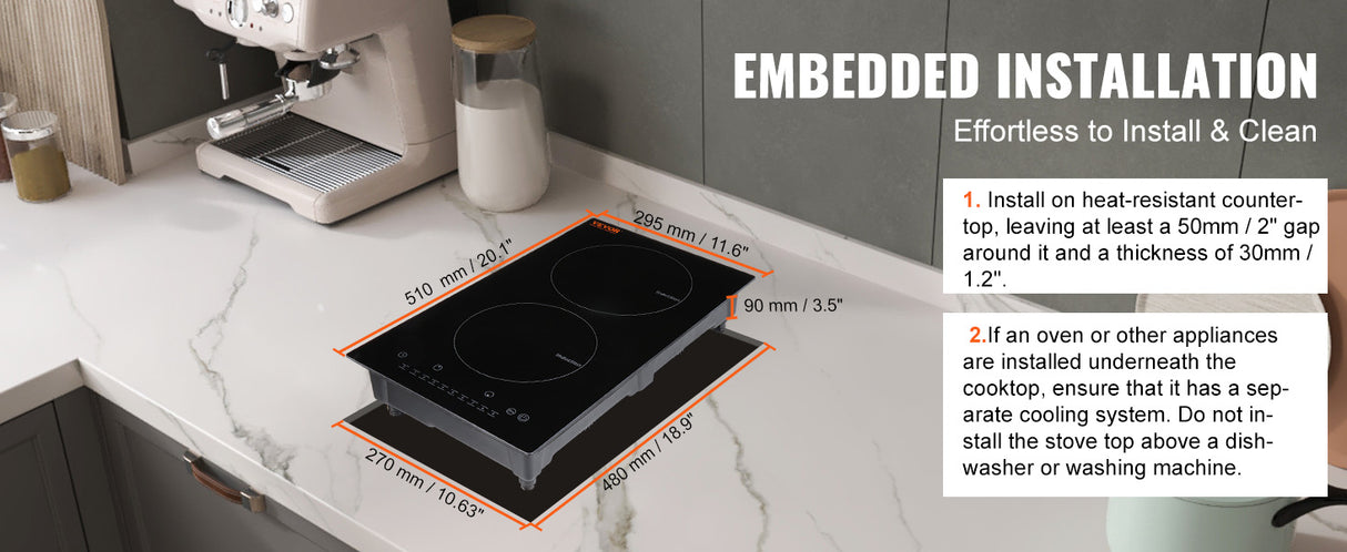 VEVOR Plaque de cuisson à induction électrique 2 feux Plaque de cuisson intégrée Cuisinière à capteur tactile Plaque chauffante magnétique