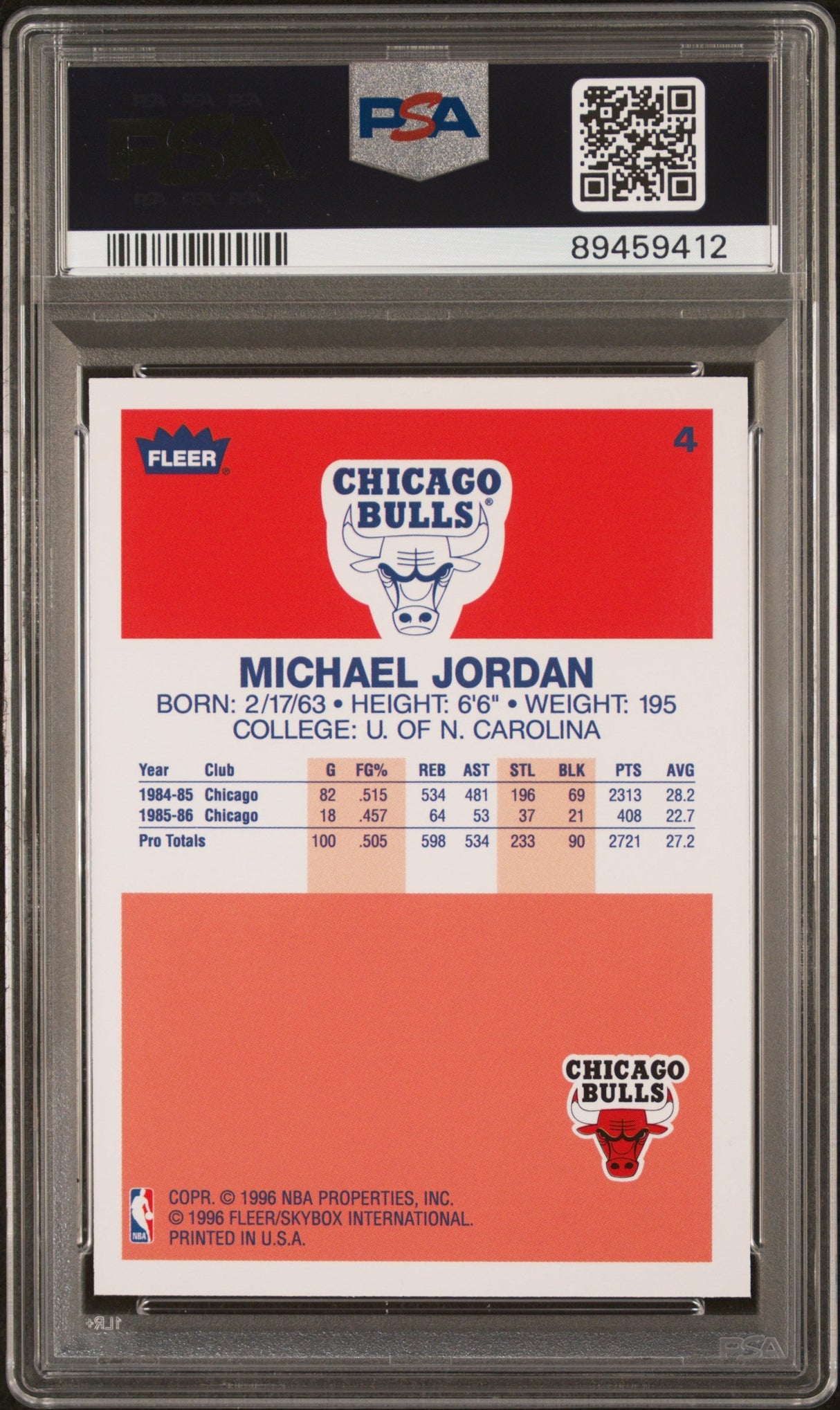 Graded 1996 Fleer Michael Jordan #4 Decade of Excellence Rookie Reprint Basketball Card PSA 9 Mint