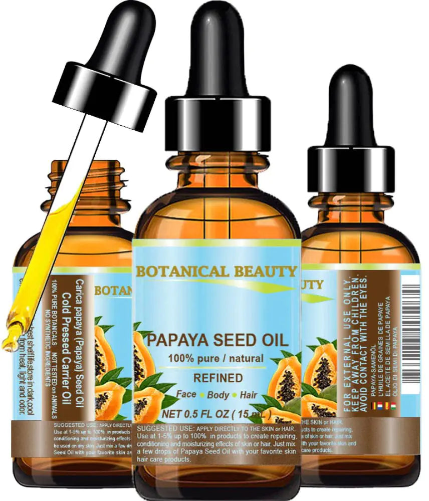 Aceite de semilla de papaya Botanical Beauty. Aceite portador 100 % puro, natural, sin diluir y refinado, prensado en frío. 15 ml (0.5 onzas líquidas). Para el cuidado de la piel, el cabello y los labios.