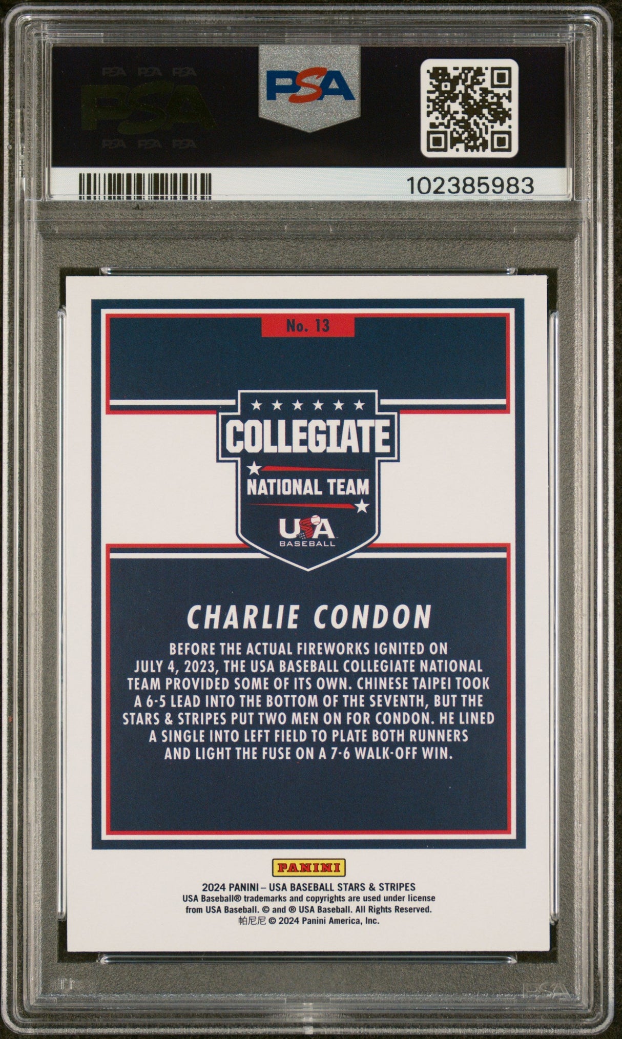 Tarjeta de béisbol Panini Stars & Stripes USA Charlie Condon n.° 13 Rookie RC, clasificada en 2024, PSA 10 Gem Mint