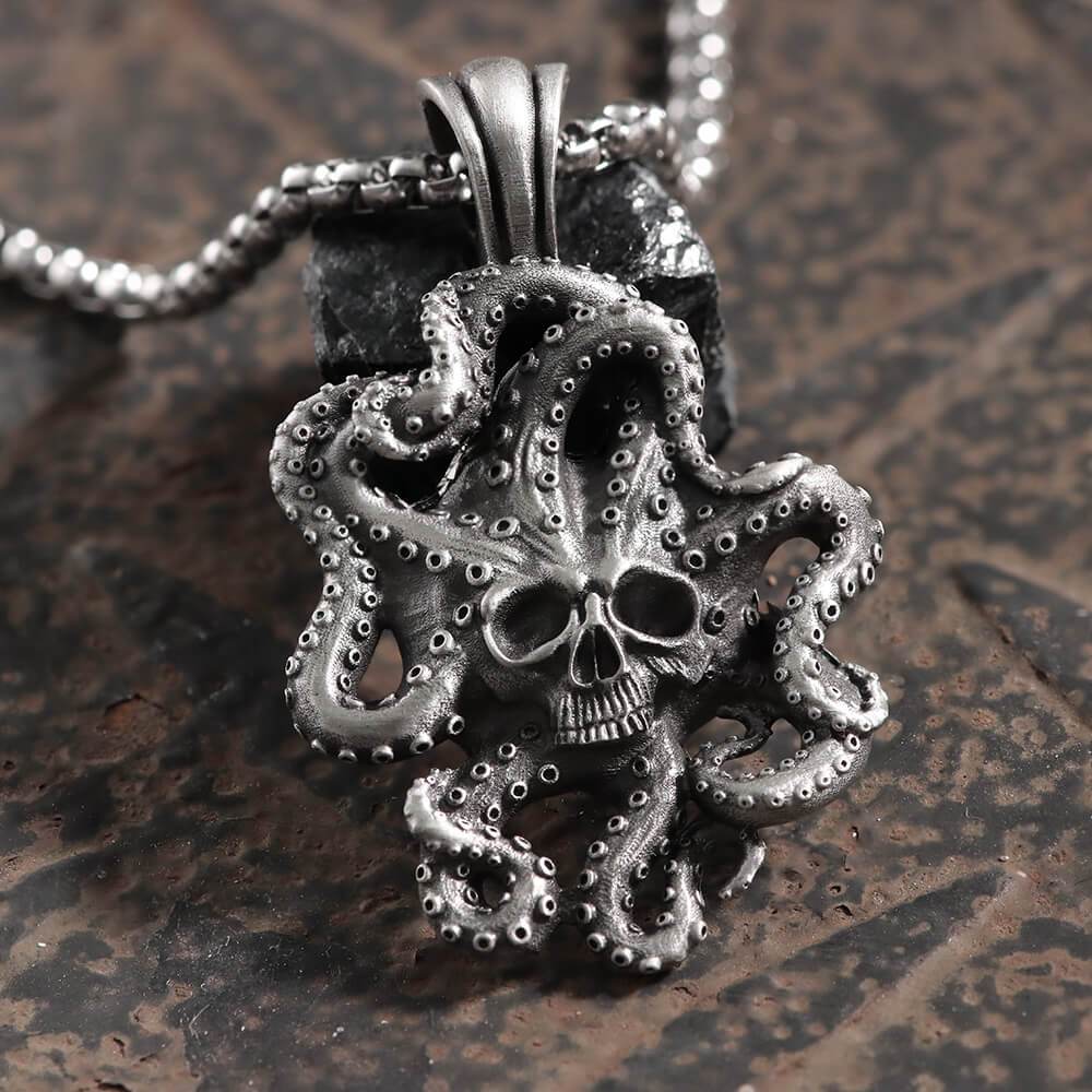 Collar de calavera de estaño puro con pulpo Kraken