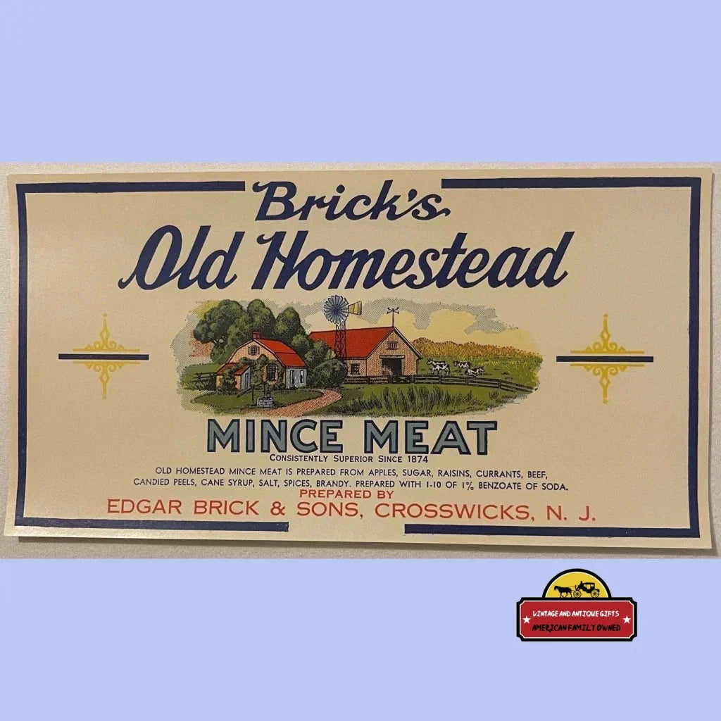Rare Antique Vintage Homestead Mince Meat Label with Farm Scene