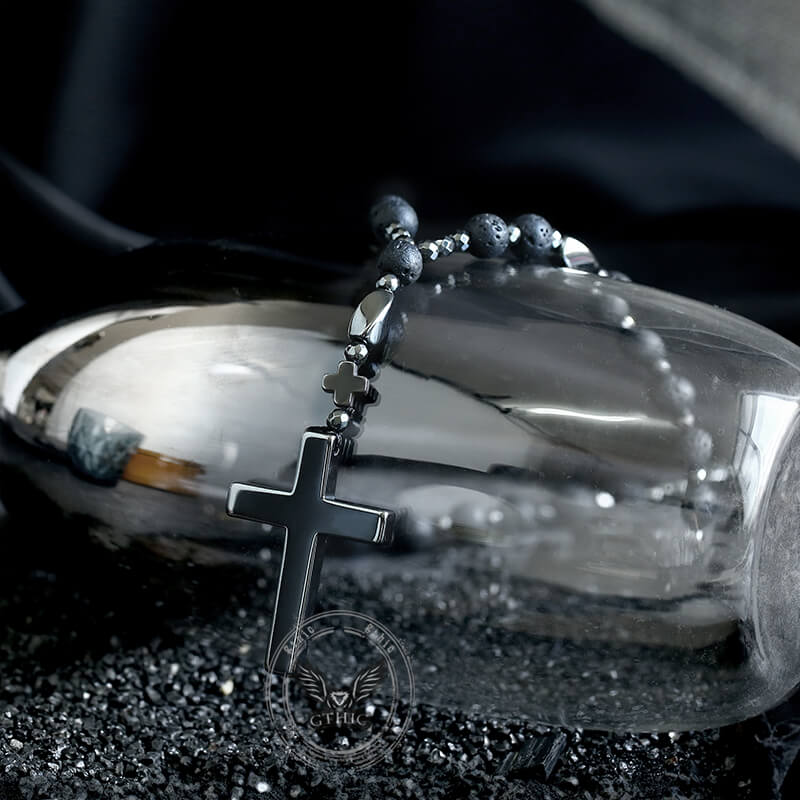 Collar rosario de motociclista con cuentas de piedra y cruz latina