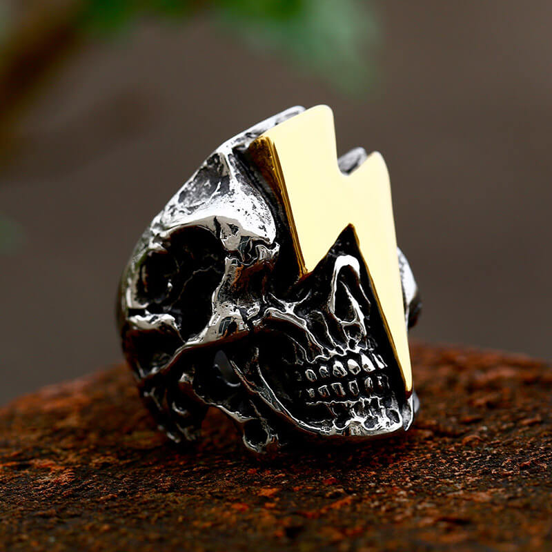 Anillo de motociclista de acero inoxidable con calavera de rayo