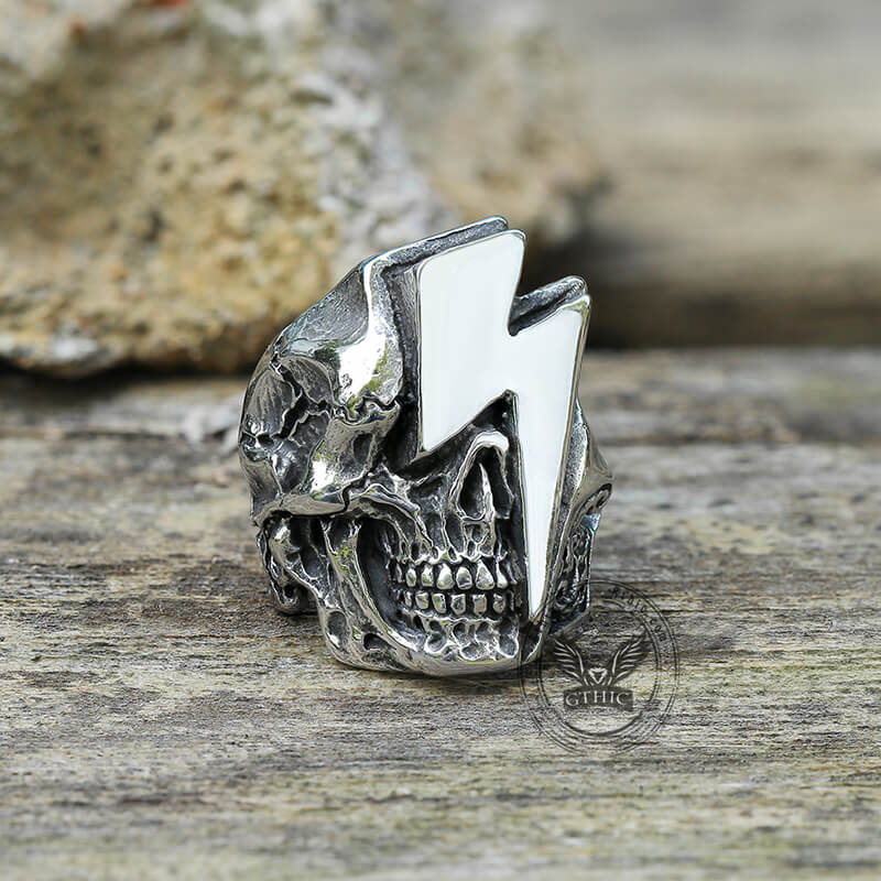 Anillo de motociclista de acero inoxidable con calavera de rayo