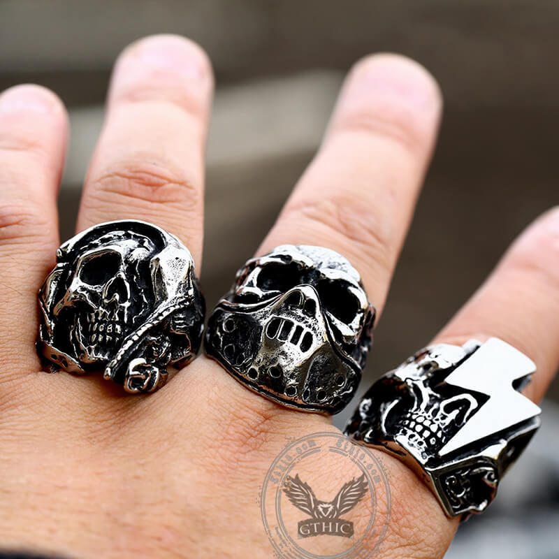 Anillo de motociclista de acero inoxidable con calavera de rayo