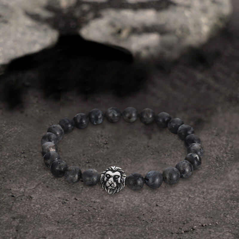Pulsera de cuentas de acero inoxidable con piedra de ágata y cabeza de león