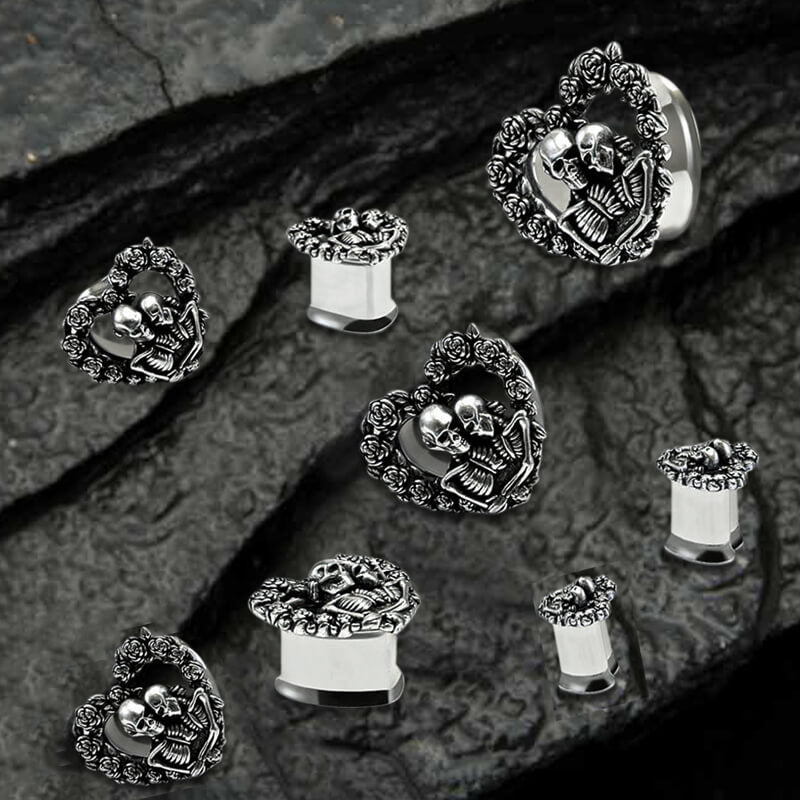 Dilatadores de oreja de acero inoxidable con forma de calavera y corazón