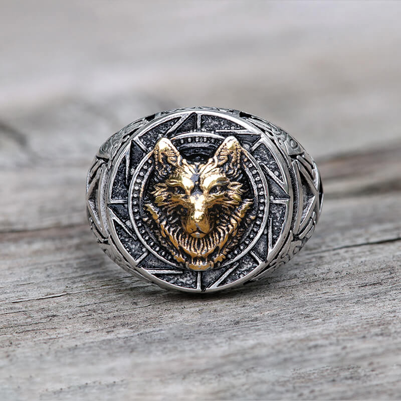 Anillo vikingo de acero inoxidable con diseño de lobo eslavo nórdico