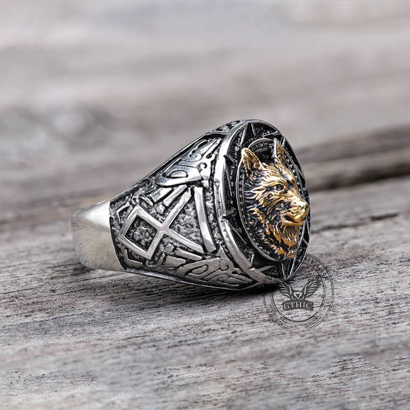 Anillo vikingo de acero inoxidable con diseño de lobo eslavo nórdico