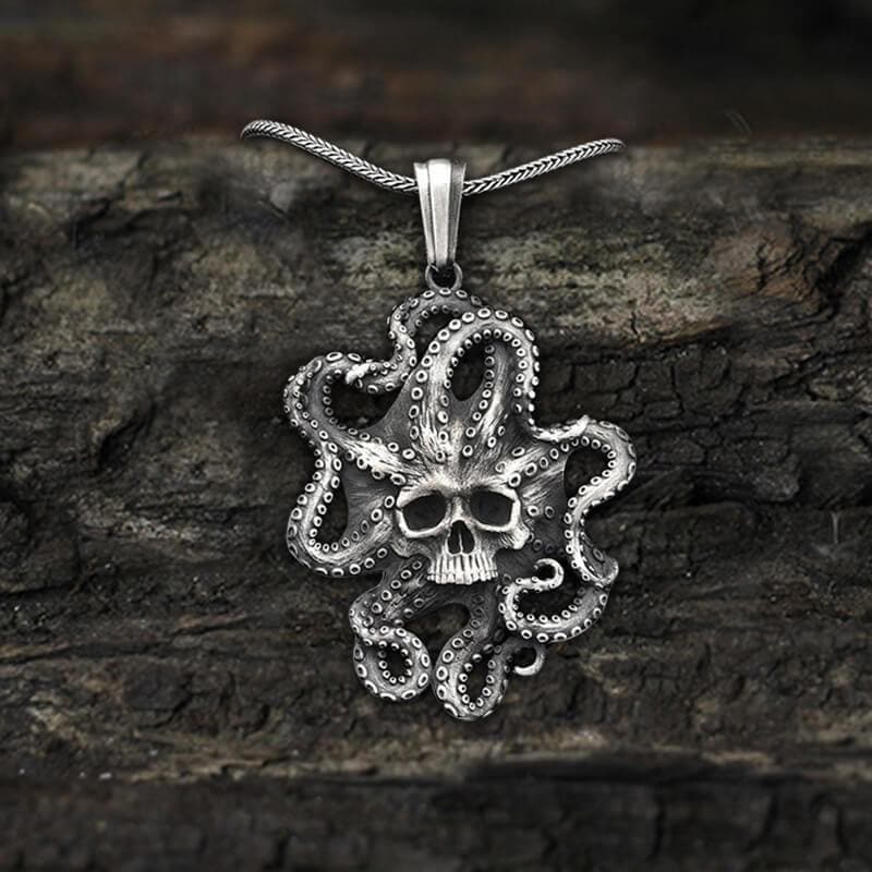 Collar de calavera de estaño puro con pulpo Kraken