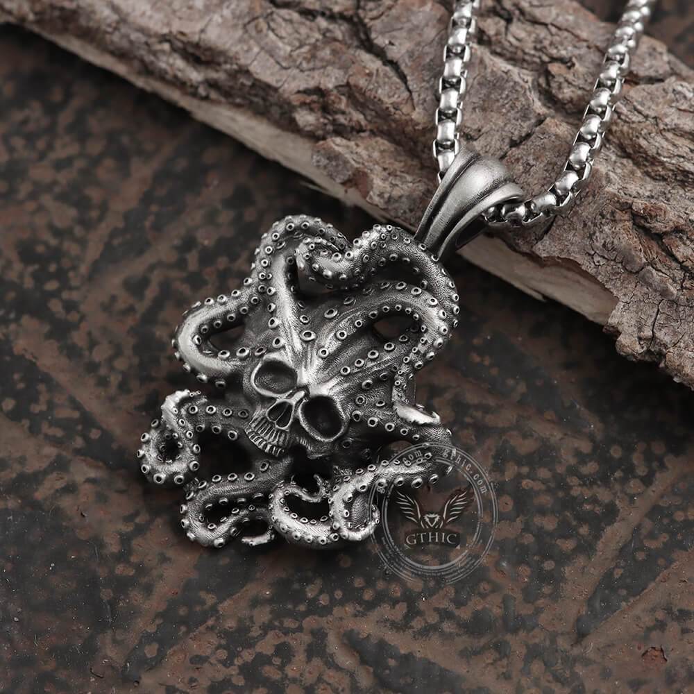 Collar de calavera de estaño puro con pulpo Kraken