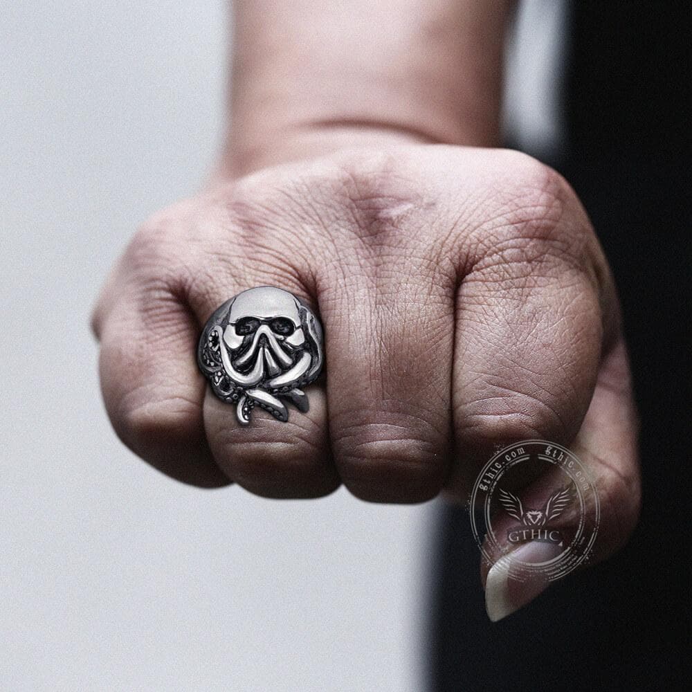 Anillo de calavera de acero inoxidable con diseño de pulpo marinero