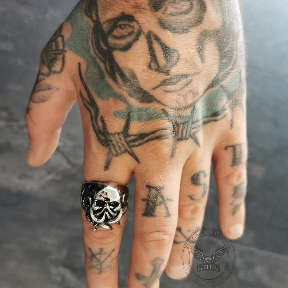 Anillo de calavera de acero inoxidable con diseño de pulpo marinero