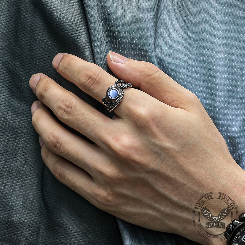 Anillo de acero inoxidable con forma de animal y tentáculo de pulpo