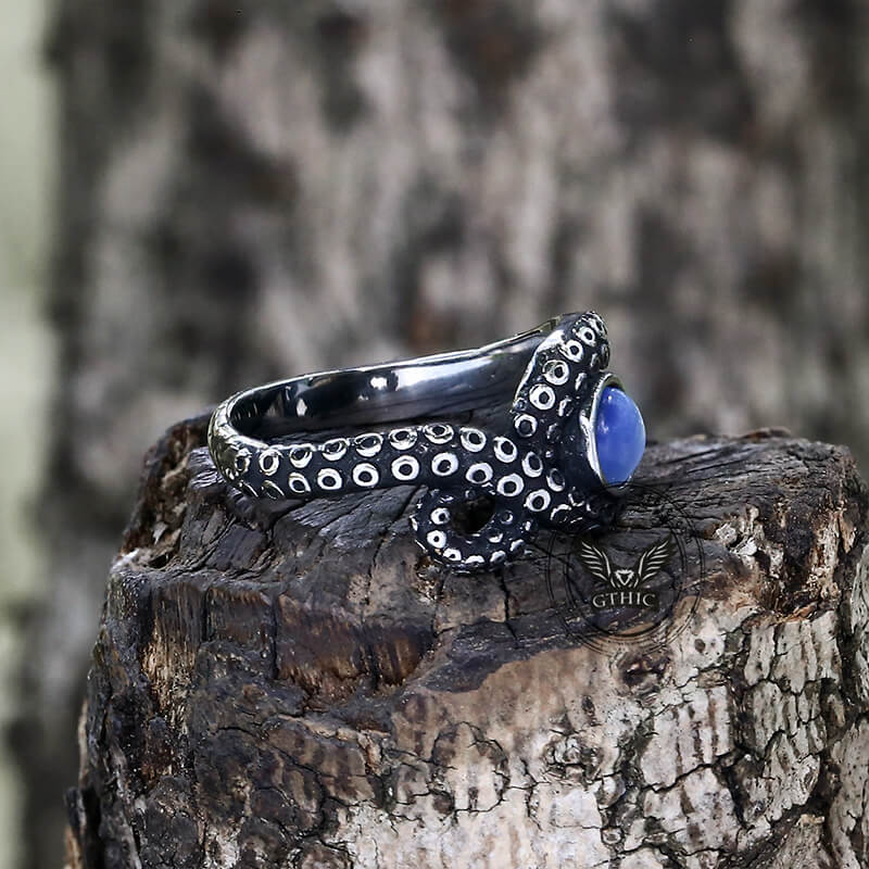 Anillo de acero inoxidable con forma de animal y tentáculo de pulpo