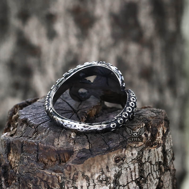 Anillo de acero inoxidable con forma de animal y tentáculo de pulpo