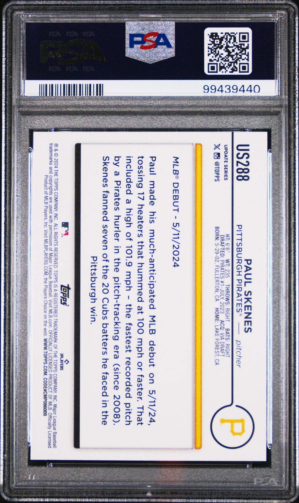 Tarjeta de béisbol de novato Paul Skenes #US288 RC, actualización Topps 2024, PSA 10 Gem Mint