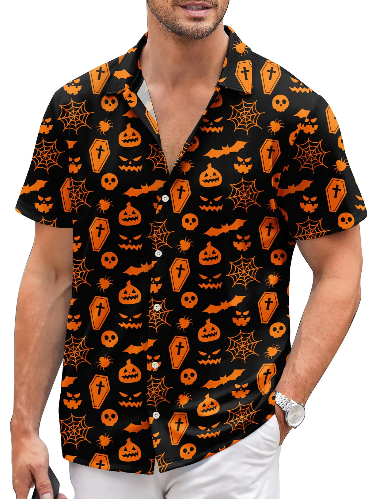 Mens Halloween Shirts Short Sleeve Casual Button Down Hawaiian Shirts Funny Halloween Bat Pumpkins Shirts for Men - Lootquake