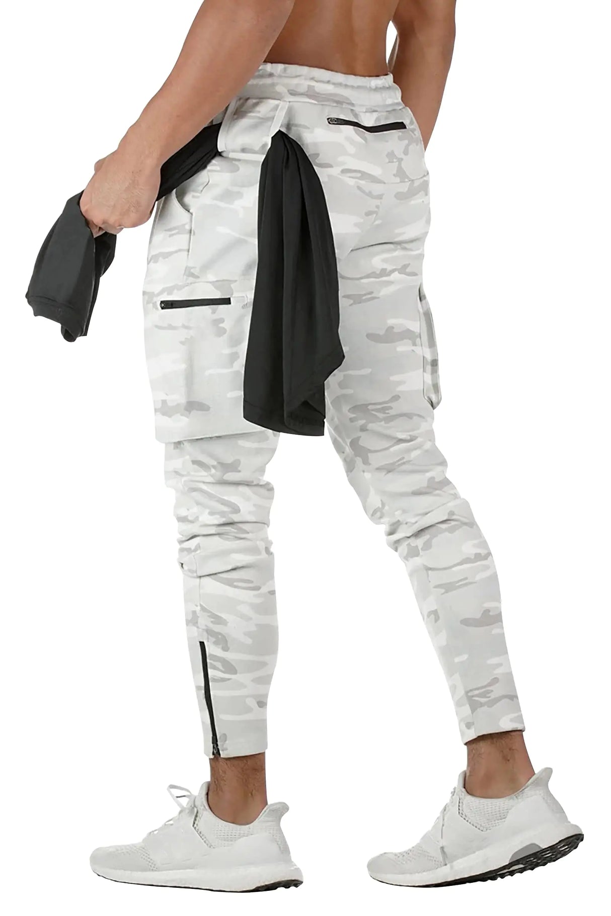 MECH-ENG Mens Active Tack Jogger Pants Fitness Tapered Sweatpants Slim Fit Trousers with Zipper Pockets(Camo White Large) - Lootquake