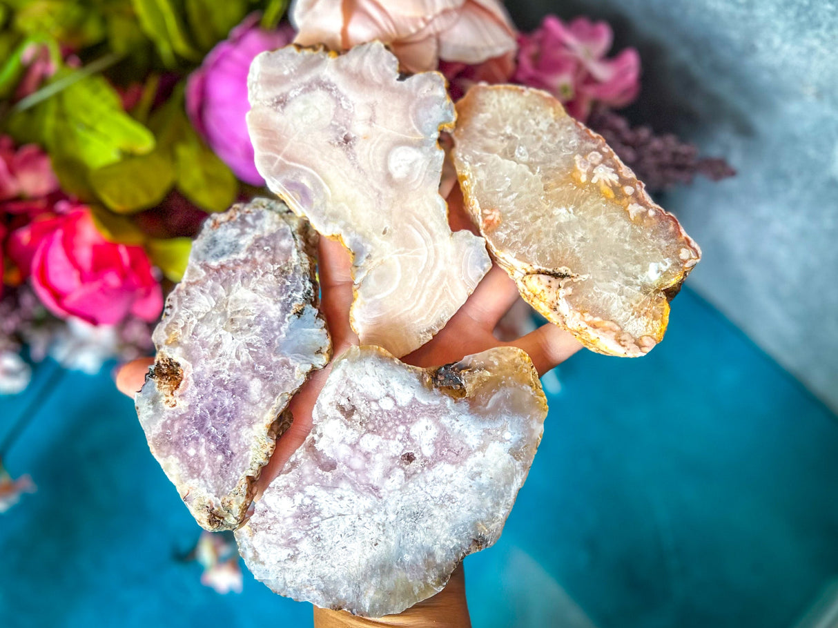 Beautiful Pink Flower Agate Slices, Polished Flower Agate Slabs, Pink Cherry Blossom Agate Polished Slab