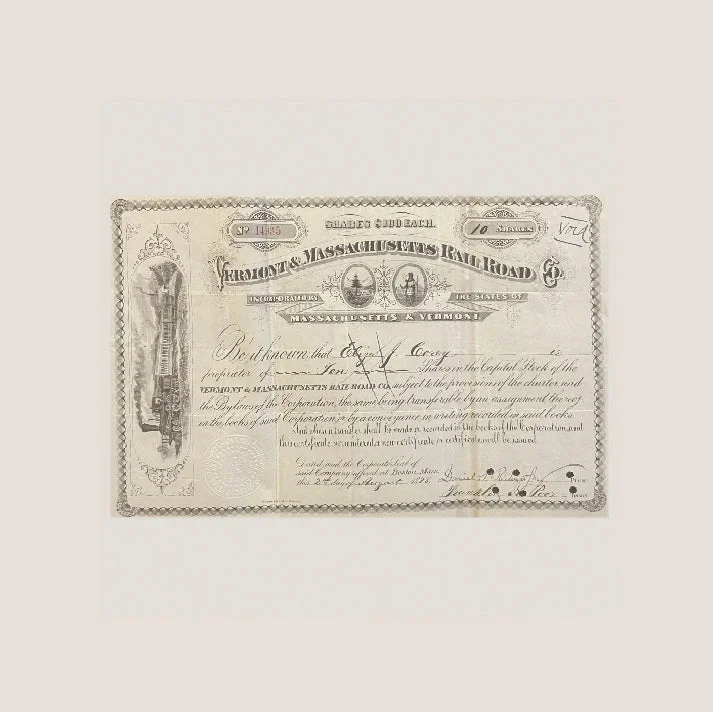 Rare 1800s Vermont and Massachusetts Railroad Stock Certificate
