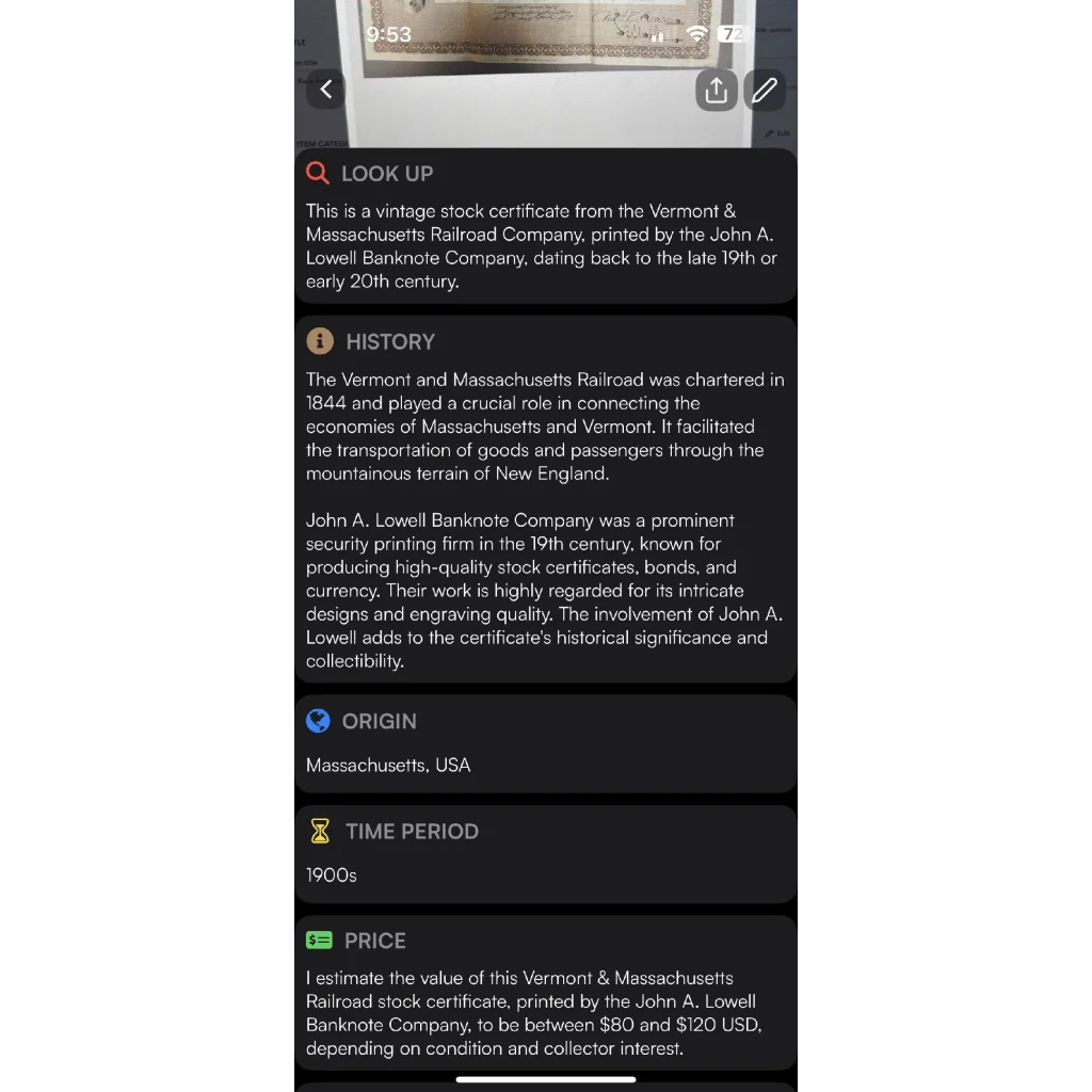 Rare 1900s VT & MA Railroad Stock Certificate Treasure