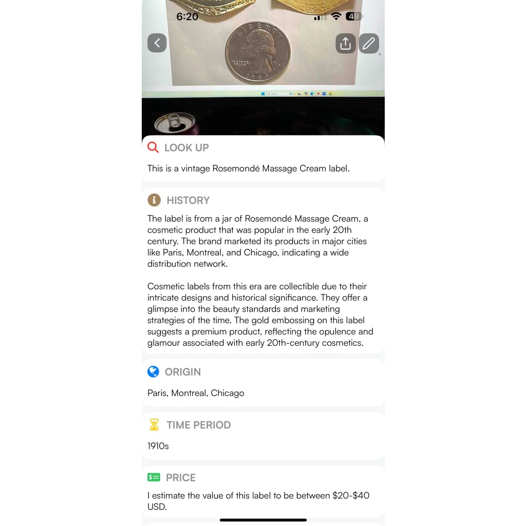 Rare 1910s Massage Cream Label from Paris Montreal Chicago