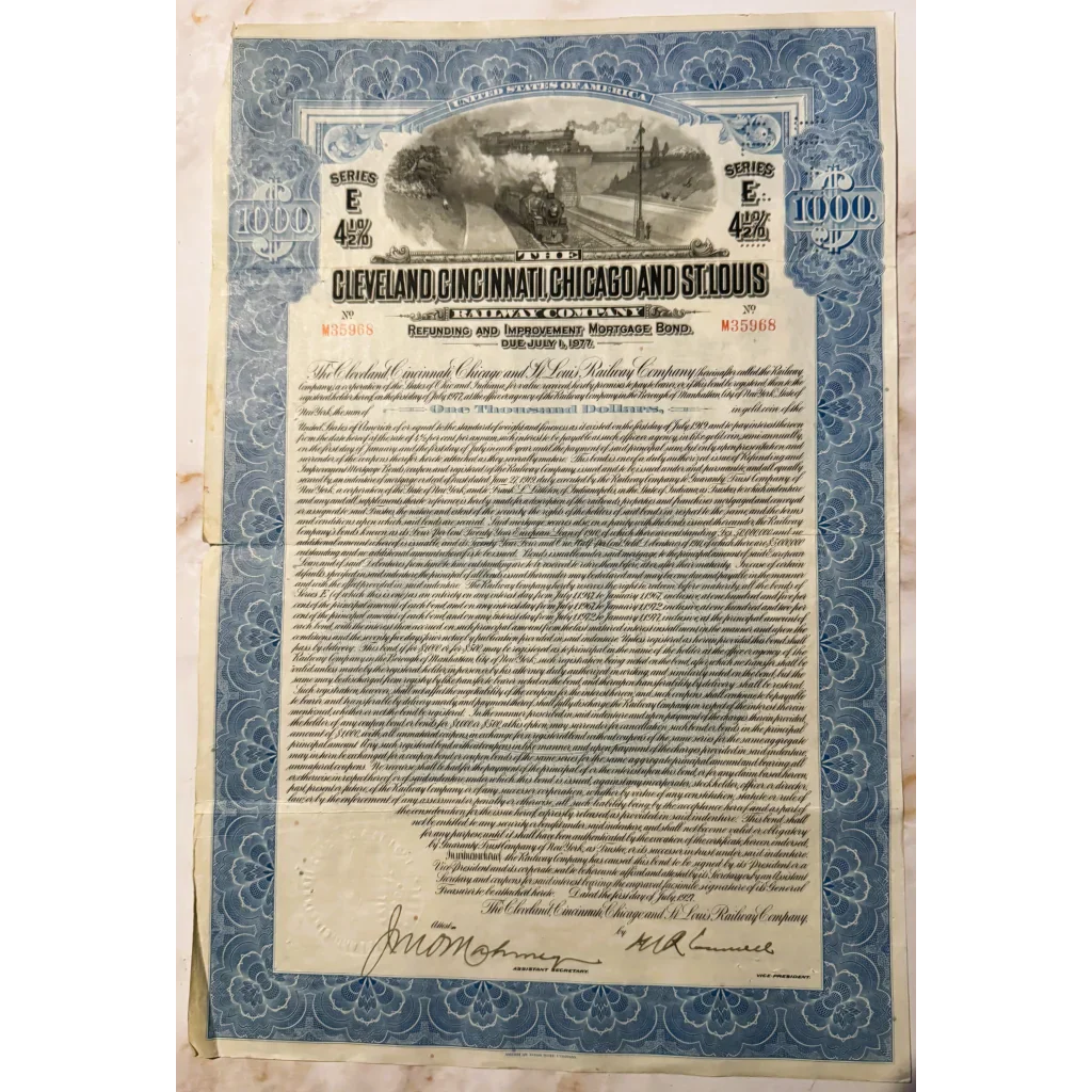 Rare 1927 Cleveland Cincinnati Chicago & St Louis Railway Bond