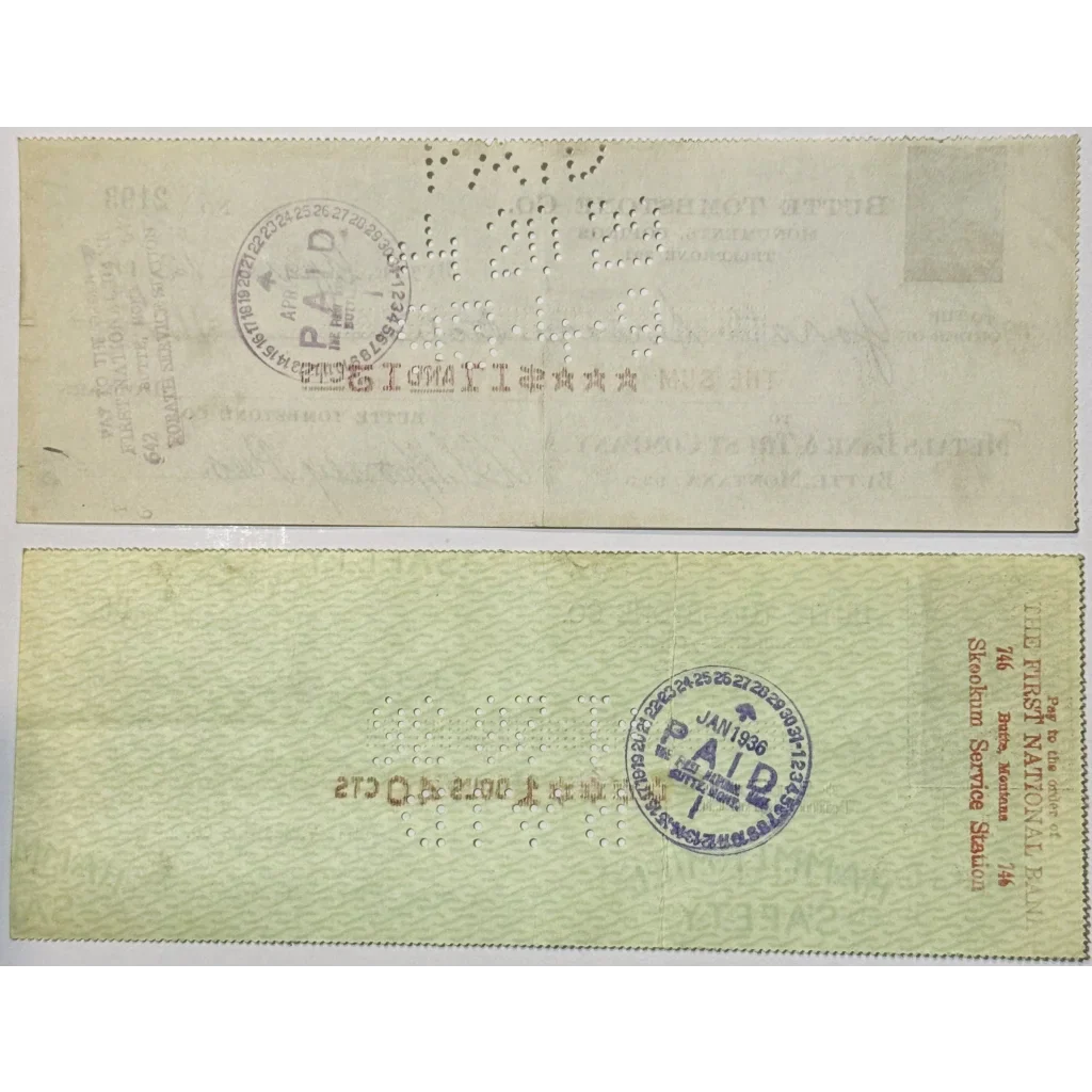 Rare 1930s Butte Tombstone Company Checks from Montana Mining Era