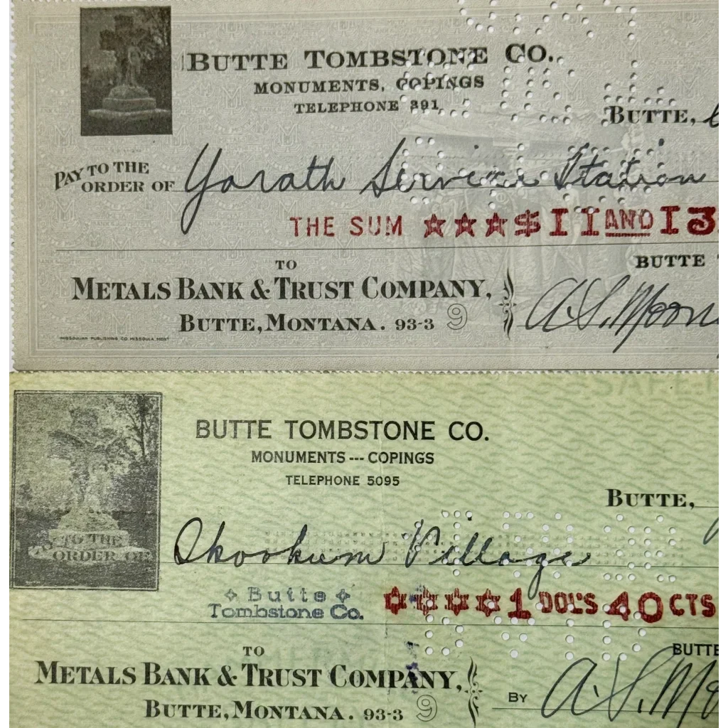 Rare 1930s Butte Tombstone Company Checks from Montana Mining Era
