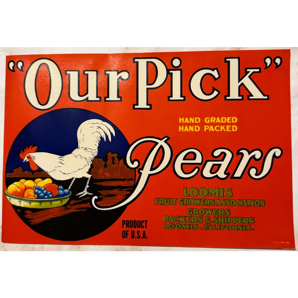 Rare 1930s Loomis Pear Label Boasts Bold Rooster Design
