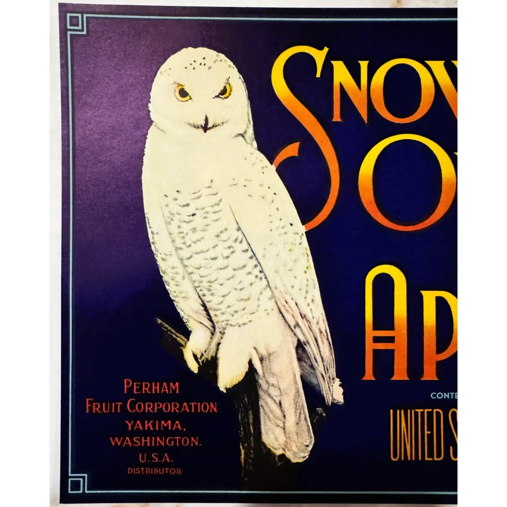 Rare 1930s Snow Owl Apple Crate Label from Yakima Washington