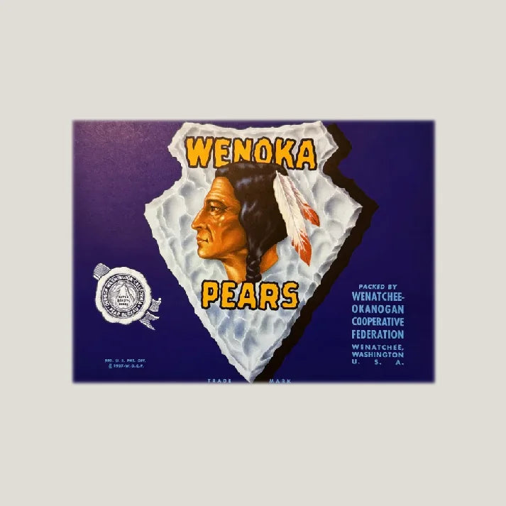 Rare 1940s Wenoka Pear Label Showcases Native American Design
